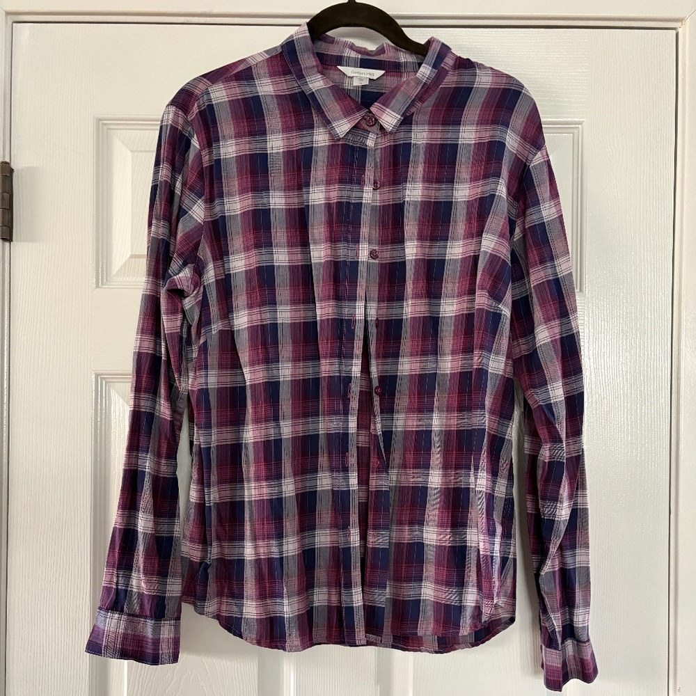 Garnet Hill Plaid Purple Lavender Blue Button Down Shirt Top Cotton 16